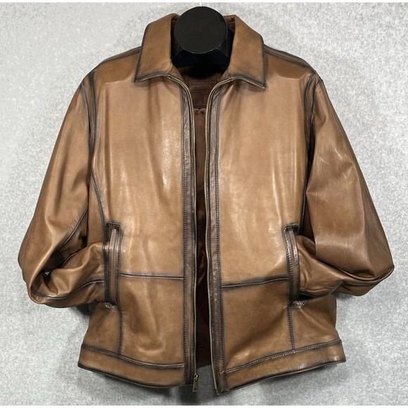 Roundtree Yorke Genuine Lambskin Men’s Lg Burnished Leather Jacket Brown Cognac - Picture 13 of 16